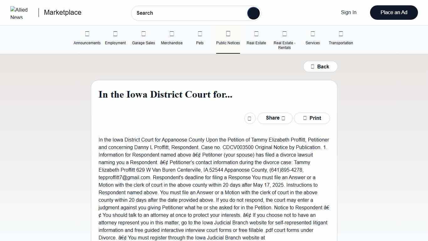 Allied News Classifieds Public Notices In the Iowa District Court for...